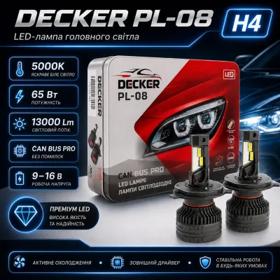 LED-лампа головного світла DECKER PL-08 H4 Hi/Low 5000K 65W 13000Lm CAN BUS PRO